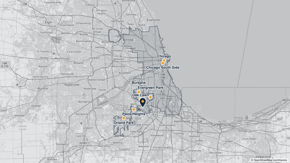 Map of the Forever-Dry Basement Waterproofing service area: Chicago, Chicago South Side, Alsip, Oak Lawn, Evergreen Park, Burbank, Palos Heights, Orland Park, Northwest Indiana